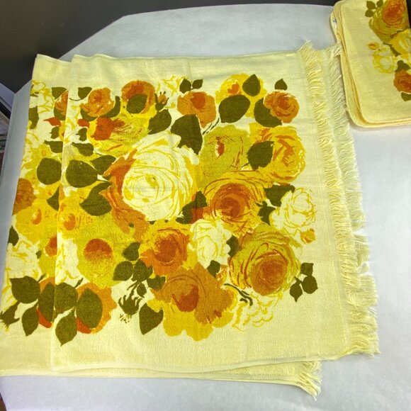 Vintage Cannon Monticello Yellow Orange Floral 2 Towels and 3 Washcloths Set - Picture 3 of 9